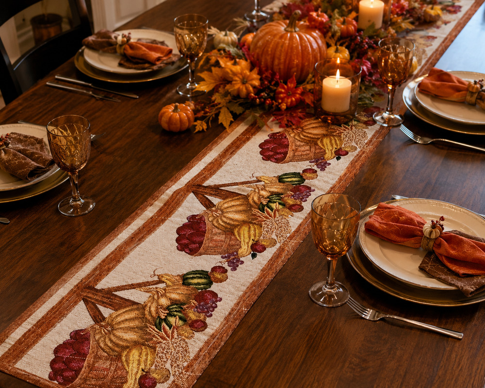Thanksgiving Harvest Table Runner Pumpkin Cornucopia Fall Farmhouse Decor Linen